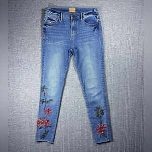 Driftwood Jeans Jackie Floral Embroidered Raw Hem Skinny Blue Women's Size 27